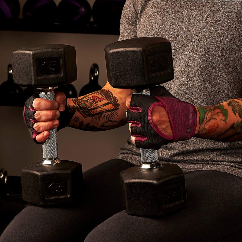 Harbinger Women's FlexFit Wash and Dry Workout Weightlifting Gloves with Padded Leather Palm (1 Pair), Black/Merlot, Large - Image 3